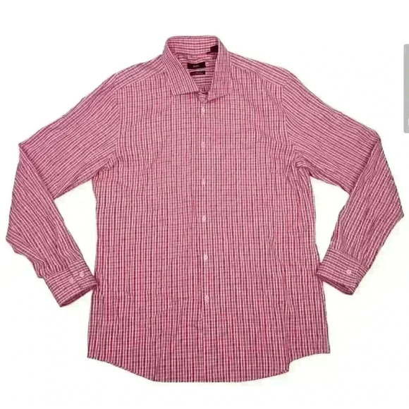 Men's Hugo Boss Button Front Pink Plaid Shirt Sz 43/17 Egyptian Cotton Slim Fit - Picture 1 of 9